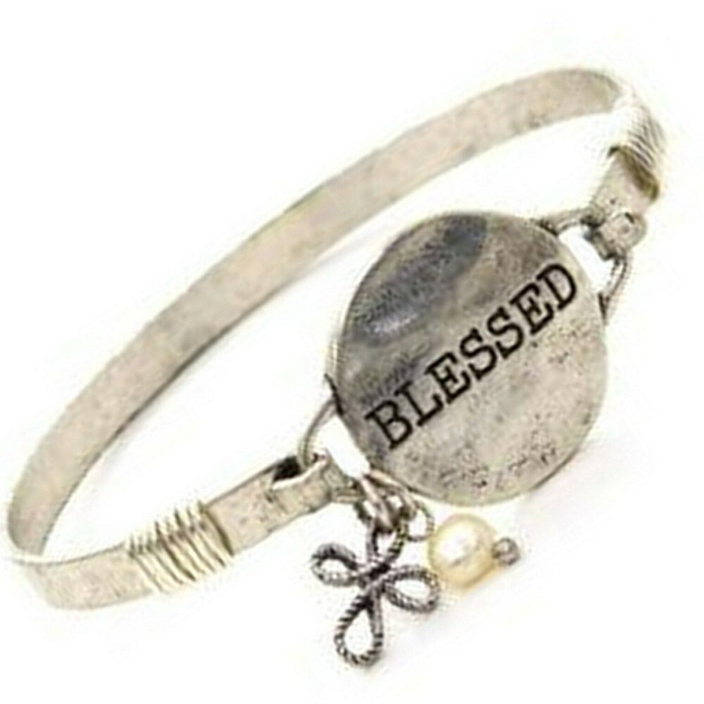 Womens Ladies Goldtone BLESSED Pearl Cross Charm Slim Fashion Oval Bracelet